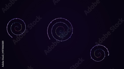 Abstract glowing white particle spirals on dark purple background