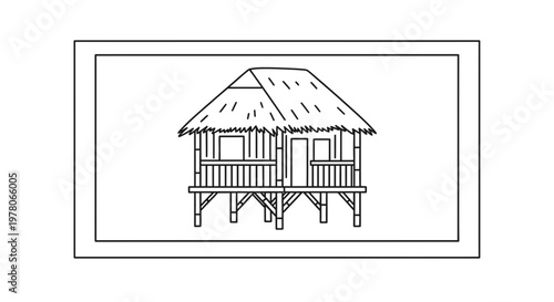 Hand-drawn sketch of a stilt house with thatched roof, tropical island dwelling