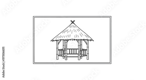 Hand-drawn sketch of a traditional bamboo gazebo with a thatched roof