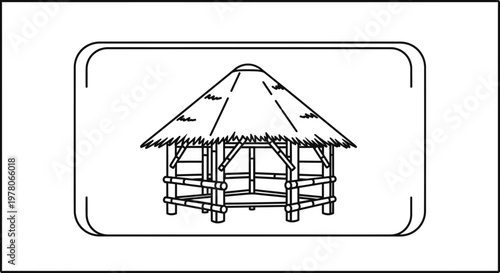 Hand-drawn sketch of a traditional bamboo hut with a thatched roof, tropical style