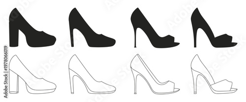 Women’s high heel shoes icons, various styles, outline vector set, fashion footwear, elegant shoes, minimal line art illustration, shoe collection design suitable for web, mobile, UI systems,