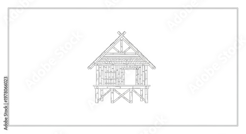Hand-drawn sketch of a traditional stilt house made of bamboo, isolated on white background