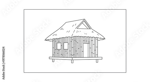 Hand-drawn sketch of a traditional stilt hut with a thatched roof, simple design.