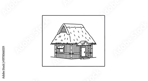 Hand-drawn sketch of a traditional tropical hut with thatched roof and wooden walls