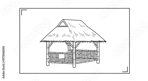 Hand-drawn Sketch of a Tropical Hut with Thatched Roof and Bamboo Structure