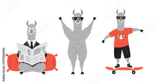 Set of three fun llama characters depicted in human-like activities including reading a newspaper, celebrating, and skateboarding.