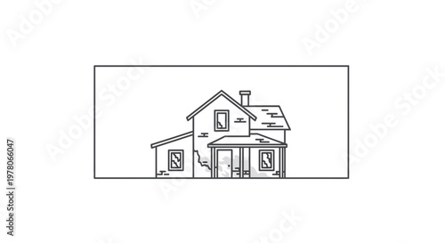 Hand-drawn sketch of an old, weathered house with a porch and chimney, isolated on white.