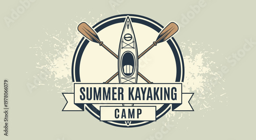 Vintage style logo for a summer kayaking camp featuring a kayak and crossed paddles within a circular emblem.