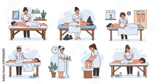 Various scenes of professional massage therapy including back massage, hot stone therapy, and foot massage in a relaxing spa setting.