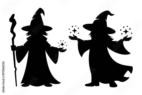 A vector graphic illustration of two wizard silhouettes with magic spells