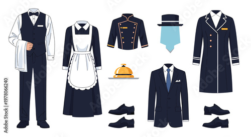 Comprehensive collection of professional service uniforms including outfits for a waiter, maid, hotel manager, and doorman.