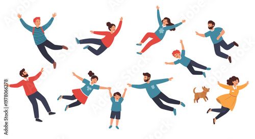 Playful group of diverse people and a small dog depicted floating or flying through the air in various joyful poses.