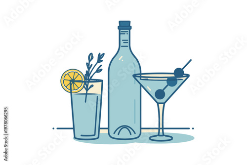 Cocktail illustration with bottle and glasses
