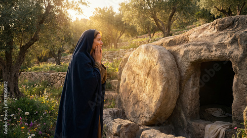 Woman discovers empty tomb with stone rolled away at sunrise, Easter morning