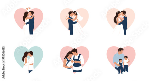 Romantic stages of life are depicted in heart-shaped frames featuring wedding ceremonies, pregnancy journeys, and happy parenthood moments.