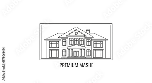 Elegant Mansion Facade Drawing, Luxury Real Estate, Architectural Blueprint Style