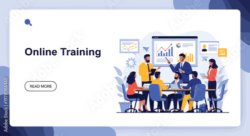 Professional team conducts an online training session with data visualizations and infographics presented on a large digital screen in an office.