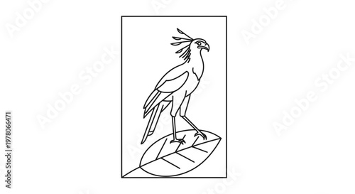 Elegant Secretary Bird Standing on a Leaf, Line Art Illustration