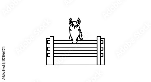 Equestrian Horse Head Peeking Over Jump Fence Line Art Illustration