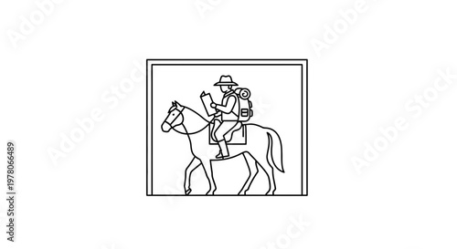 Explorer on Horseback Reading Map in Vintage Style Line Art