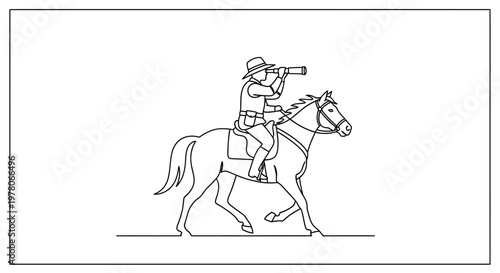 Explorer on horseback with spyglass, searching the horizon, vintage style line art