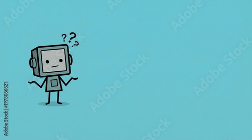 Cute robot with question marks on blue background