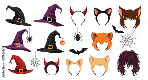 Diverse collection of festive halloween accessories features witch hats, animal ears, devil horns, and spooky hair decorations for costume parties.