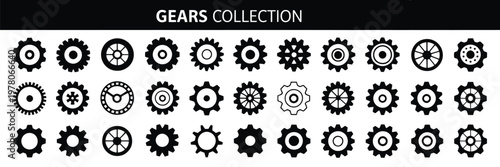 gear settings icon set, vector illustration, containing execution, process, system, evaluation, efficiency, business management, project, task, implementation, operation, optimization, and performance