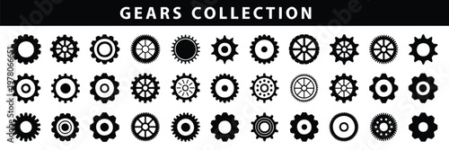 gear settings icon set, vector illustration, containing execution, process, system, evaluation, efficiency, business management, project, task, implementation, operation, optimization, and performance