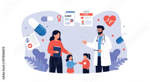 Professional pediatrician in a white coat discusses health reports with a concerned mother and her two young daughters in a bright medical clinic.