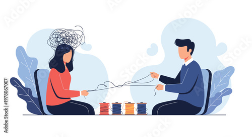 Empathetic psychologist helps a woman untangle her complex thoughts and emotions, represented by messy yarn, during a professional therapy session.