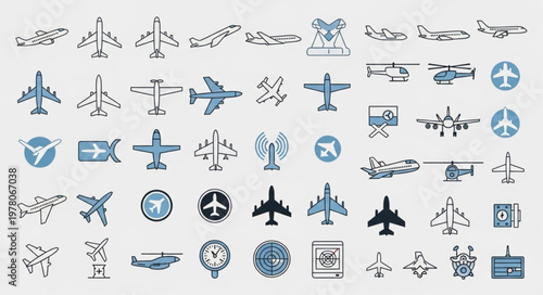 Collection of various aircraft illustrations and icons.