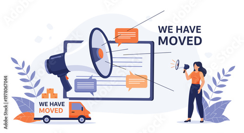 Relocation announcement graphic features a woman with a megaphone, a large moving truck, and delivery boxes to notify clients of a new address.