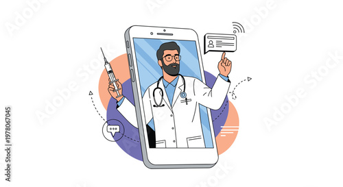 Telehealth consultation features a professional male doctor providing medical advice and instructions via a video call on a modern smartphone.