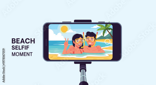 Young couple captures a memorable beach selfie while snorkeling, shown on a smartphone screen held by an adjustable telescopic selfie stick.