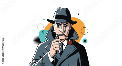 Classic detective character investigates a case by looking through a magnifying glass while wearing a fedora and smoking a traditional pipe.