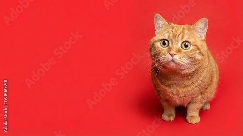 Cute ginger cat sitting on a vibrant red background