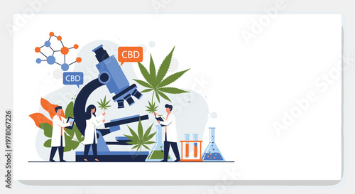 Scientific team conducts laboratory research on cbd oil and cannabis plants using a large professional microscope and various chemical flasks.