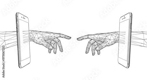 Futuristic communication concept displays two digital wireframe hands reaching towards each other from separate smartphone screens on a white background.