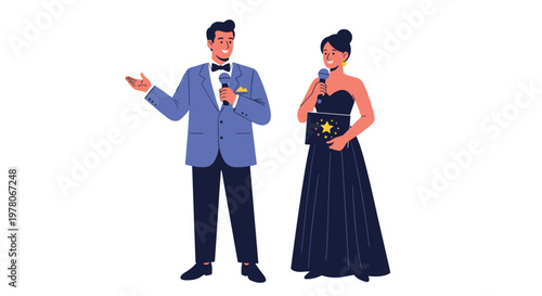 Professional male and female hosts stand together with microphones to present a glamorous awards ceremony or special corporate event.