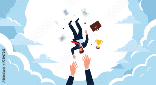 Metaphorical business concept shows a man falling from the sky with his briefcase while helpful hands reach up to catch and support him.