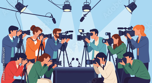 Large group of professional photographers and television cameramen prepare their equipment for an important press conference or media event.