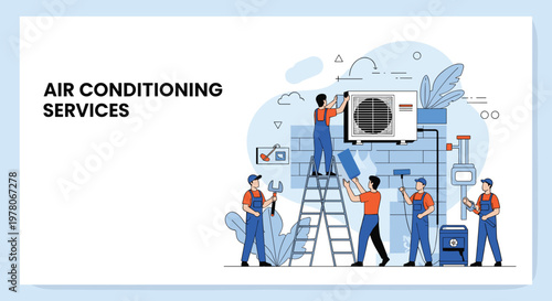 Team of specialized technicians provides professional air conditioning installation and maintenance services using various tools and equipment.