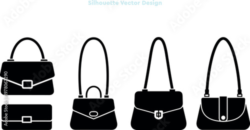 Minimalist handbag silhouette vector design, black fashion purse icons set, elegant female shoulder bag and clutch collection for retail