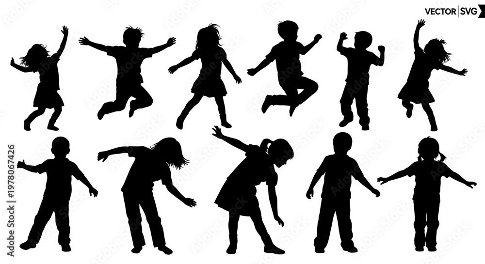 Fototapeta premium Happy Children Silhouettes Jumping and Dancing, Diverse Poses, Isolated on White