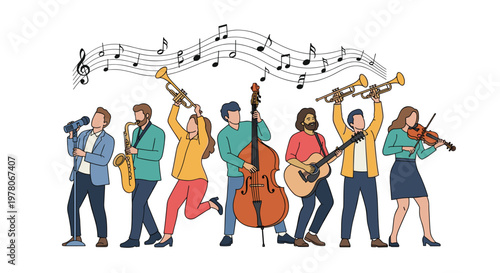 Talented group of musicians play a variety of instruments including saxophone, guitar, violin, and double bass while musical notes float above.