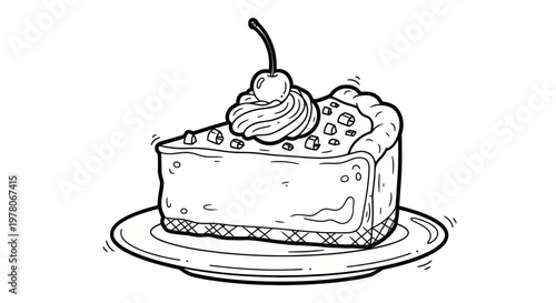 Hand-drawn slice of cheesecake with cherry and whipped cream on a plate