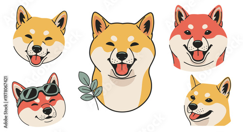 Happy Shiba Inu Dog Faces Collection, Cute Cartoon Animal Illustrations