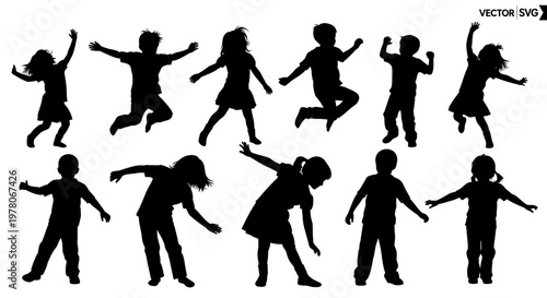 Happy Children Silhouettes Jumping and Dancing, Diverse Poses, Isolated on White