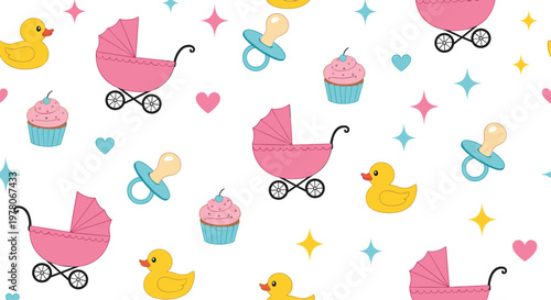 Sweet baby girl nursery pattern features recurring illustrations of pink strollers, rubber ducks, pacifiers, cupcakes, and hearts on a white background.